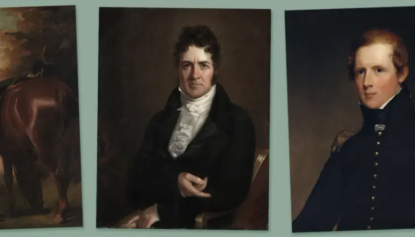Three portraits in the style of Regency era paintings: a man with a horse, a man in a dark coat with a ruffled shirt, and a man in a dark military uniform.