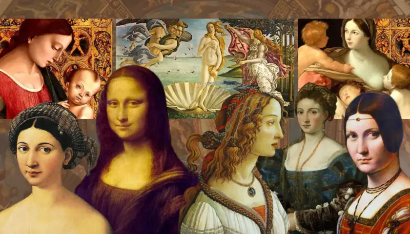 A collage of Renaissance paintings showcasing idealized women, reflecting renaissance beauty standards. Mona Lisa, Venus, and mothers with children are featured.