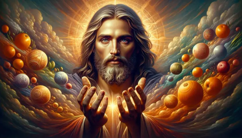 A radiant depiction of Jesus Christ, reminiscent of God the Father art, with outstretched hands amidst a celestial swirl of clouds and orbs.