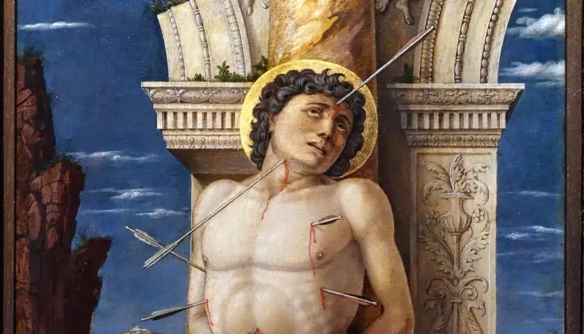 A saint sebastian painting depicts the martyr pierced by arrows, with a golden halo and bloodied wounds against a dramatic sky.