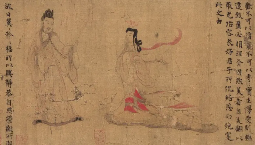 A classic example of Chinese art, featuring two figures in flowing robes, rendered with delicate brushstrokes on aged parchment.