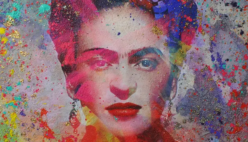 A vibrant, abstract portrait of Frida Kahlo, reminiscent of a Diego Rivera self-portrait, with bold colors and glitter.