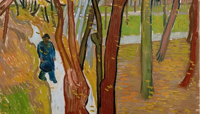 A solitary figure in a blue coat walks a path through a forest, a scene reminiscent of famous autumn paintings, with vibrant fall colors and scattered leaves.