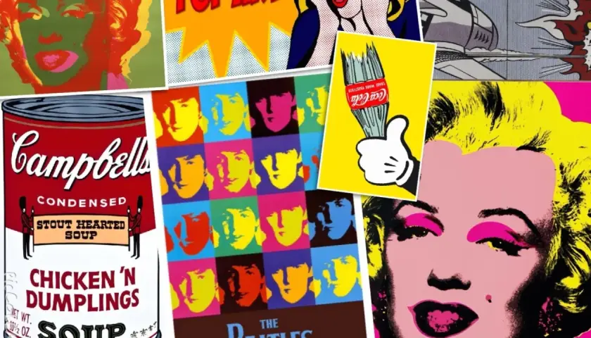A collage of iconic pop art symbols: Marilyn Monroe, Campbell's soup can, The Beatles, and a Coca-Cola bottle.