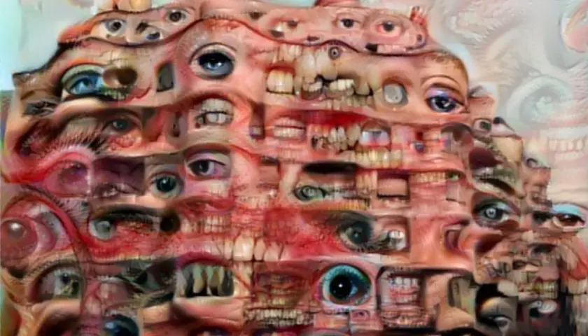 A surreal, nightmarish landscape of eyes and mouths, rendered in unsettling horror art styles.
