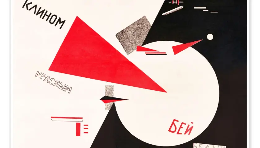 A bold Suprematist design with text. A red wedge pierces a black and white composition, symbolizing a call to "beat the whites with the red wedge.
