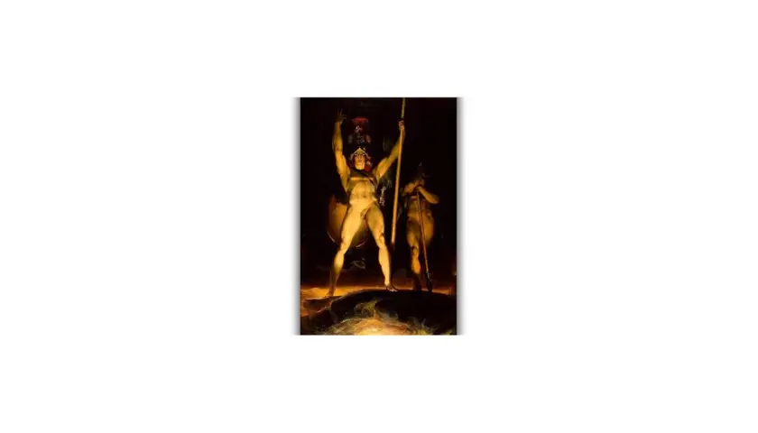 A powerful figure, perhaps Satan summoning his legions, stands with arms raised, holding a spear. Another figure stands behind him.