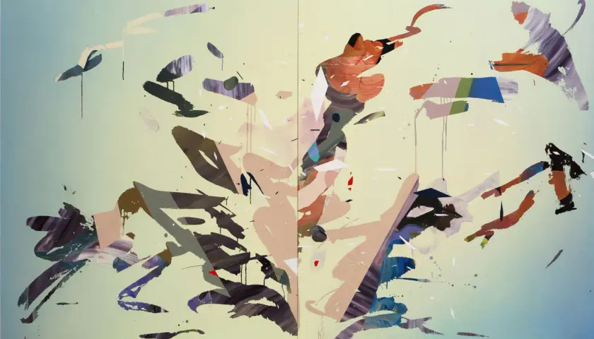 An abstract painting with bold brushstrokes in earthy tones and vibrant accents against a soft, gradient background.