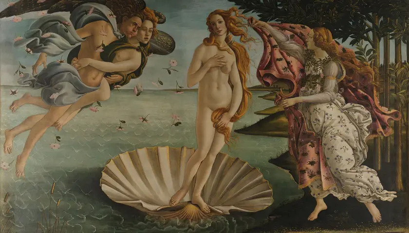 The Birth of Venus (Bouguereau) depicts Venus arriving on a seashell, guided by Zephyr and Hora.