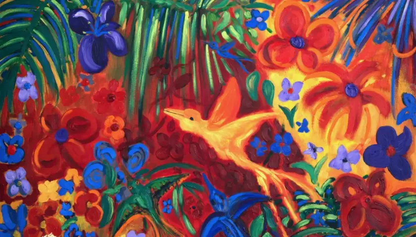 Vibrant jungle scene with a yellow bird in flight, painted by John Dyer artist. Lush foliage and colorful flowers fill the canvas.