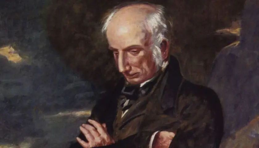 A thoughtful William Wordsworth portrait, with his gaze cast down and arms crossed, captured in a moment of quiet contemplation.
