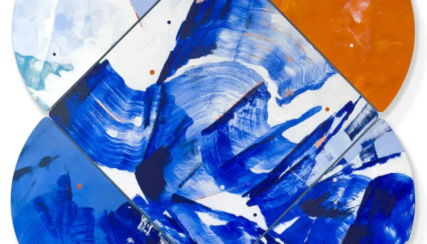 Vibrant abstract art examples featuring bold blue brushstrokes on white, with pops of orange and subtle pink accents.