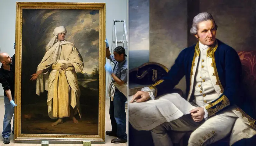 A portrait of Omai, a Tahitian prince, is shown being handled by museum staff. Beside it, a portrait of Captain Cook in naval uniform.