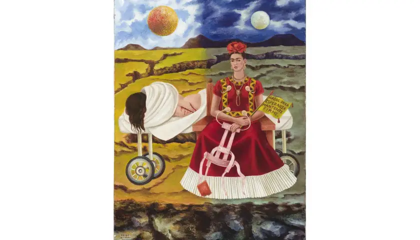 A surreal painting in Frida Kahlo style depicts a woman in a red dress seated next to a figure on a wheeled stretcher, symbolizing duality and resilience.