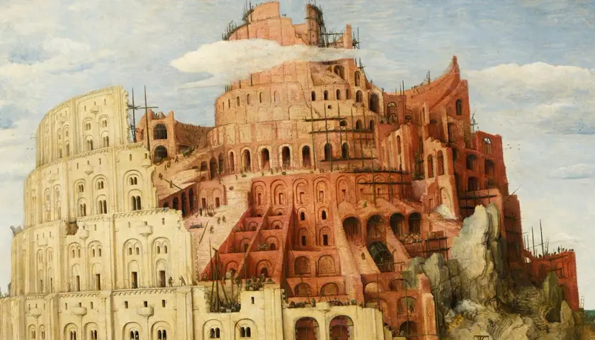 A detailed painting of the Tower of Babel, showing its immense scale and ongoing construction with many tiny figures working.