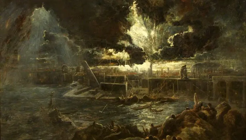 Dramatic, dark clouds loom over a chaotic scene of destruction and panic. This Pompeii art depicts a city in ruins, with people fleeing and boats capsizing in the turbulent waters.