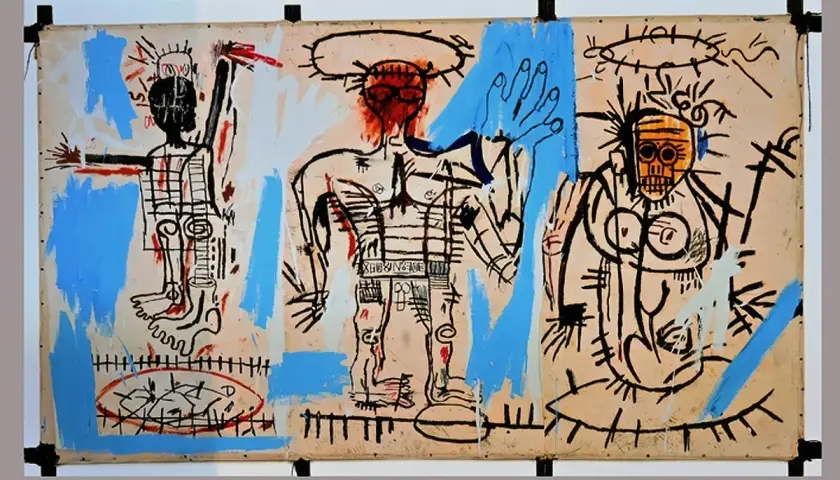 Basquiat's triptych meaning unfolds through three raw figures, their bodies outlined in black, with splashes of blue and red.