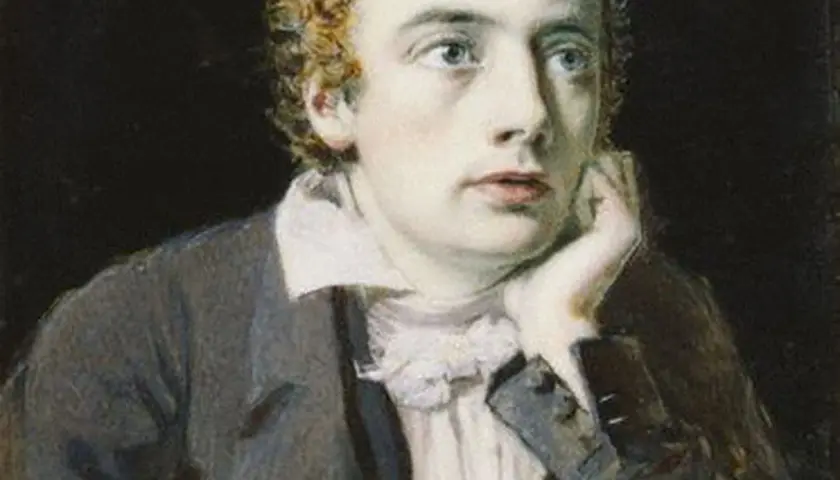 A thoughtful John Keats portrait, his hand resting on his cheek, with curly hair and a ruffled collar.