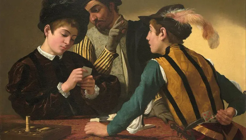 In the fortune teller painting, a young man plays cards while another peeks at his hand. A third man, with a sly expression, gestures to the viewer.