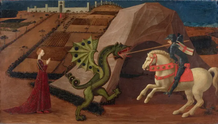 Uccello's St. George and the Dragon: A knight on a white horse charges a green dragon, while a princess in a red gown prays.