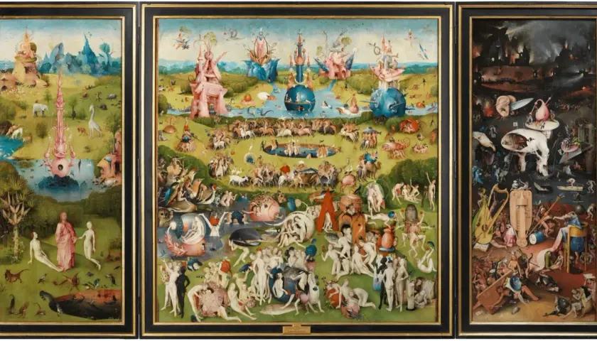 A triptych depicting a surreal landscape with fantastical creatures and human figures, showcasing the power of visual literacy in art to convey complex narratives and moral lessons.