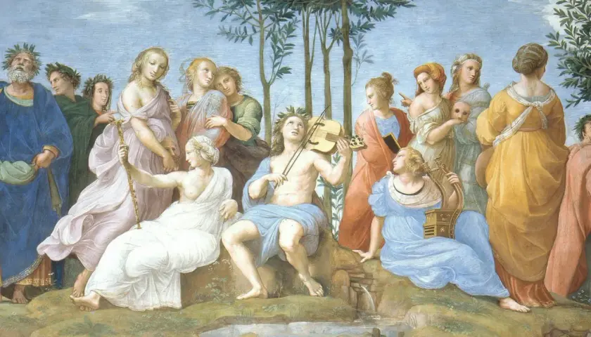 A gathering of ancient Greek muses, some playing instruments like a lyre and violin, others holding masks and staffs, under a canopy of trees.