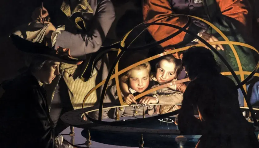 Children gaze at an armillary sphere, their faces illuminated by a dramatic tone in art. A woman in a hat watches intently.