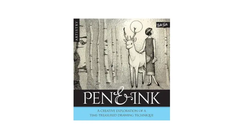 Pen and ink drawings showcase a woman and deer in a forest. The book title "Pen & Ink" is prominently displayed.