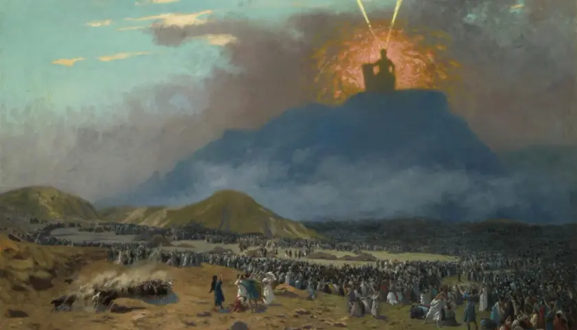 A dramatic painting depicts Moses on Mount Sinai, silhouetted against a divine light, as a vast multitude of people gather below.