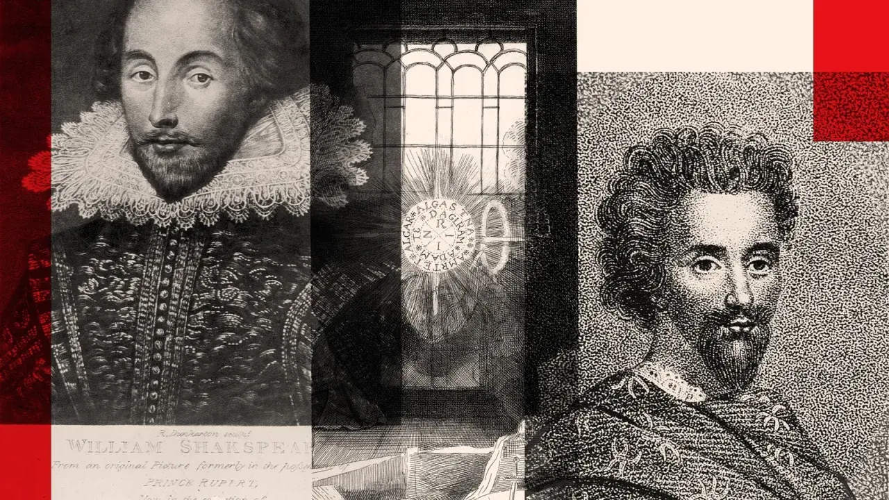 A collage featuring a portrait of William Shakespeare, a window with a sunburst, and a portrait of Christopher Marlowe.