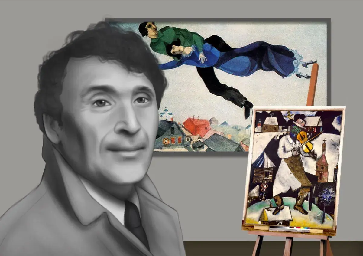 A portrait of the famous Marc Chagall with two of his iconic paintings, one depicting a couple flying over a village, and another of a violinist in a snowy landscape.