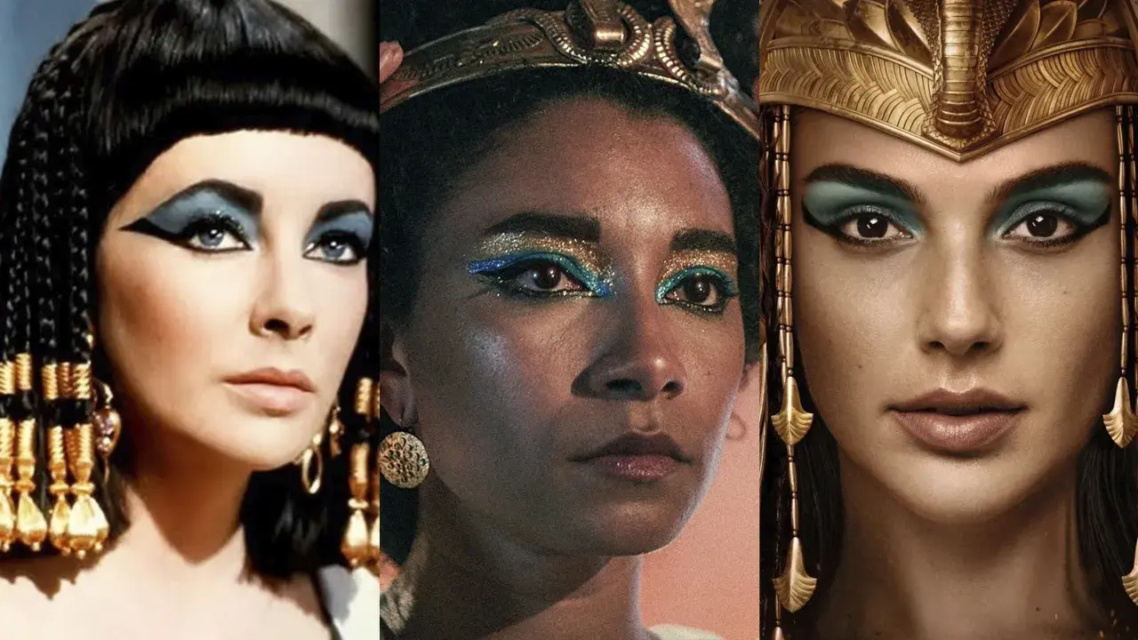 Three striking portraits of Cleopatra, showcasing her iconic eye makeup and regal headdresses.