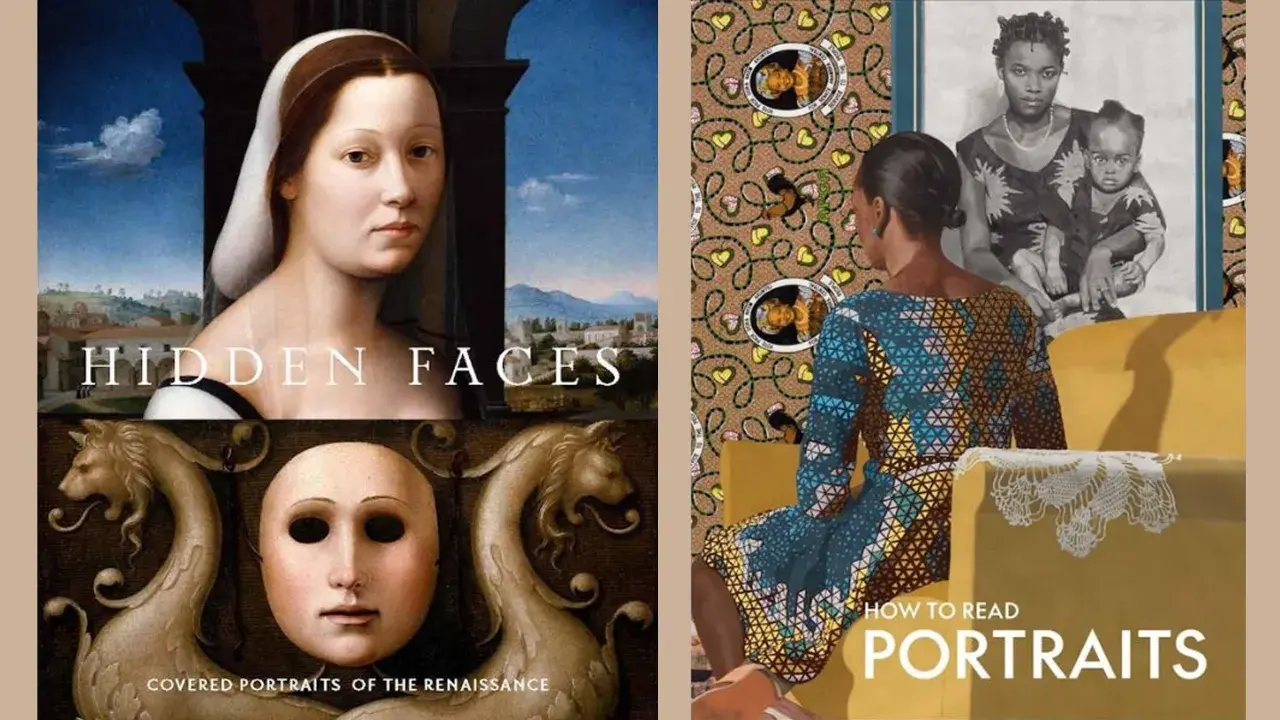 Collage of book covers: "Hidden Faces" features Renaissance portraits. "How to Read Portraits" shows a modern woman and a family portrait.
