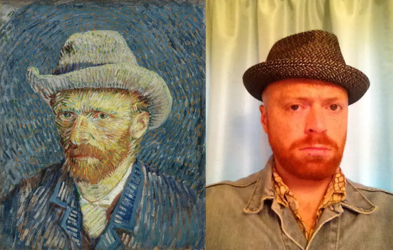 A split image: Van Gogh's self portrait in a straw hat on the left, and a modern man in a similar hat on the right.