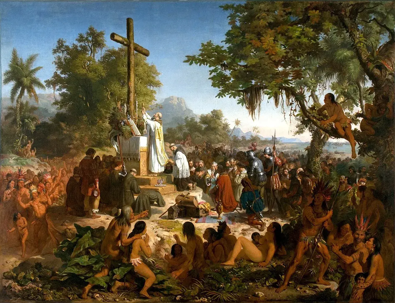 A priest leads a mass before a cross, surrounded by indigenous people and European explorers. This historical art in Brazil depicts a pivotal moment.