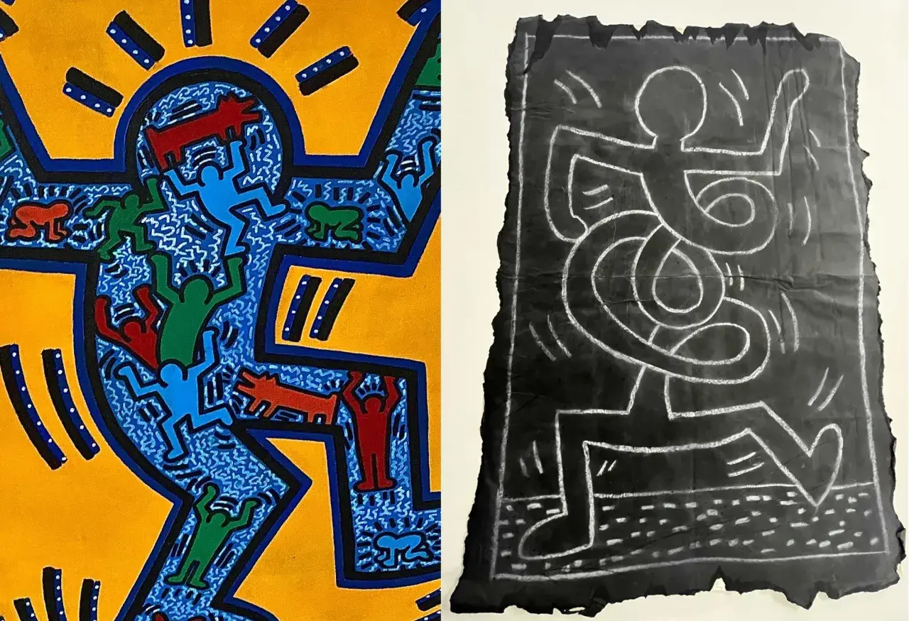 Two contrasting pieces of Keith Haring subway art. One is a vibrant, colorful depiction of figures and dogs, while the other is a stark, chalk-like drawing on black paper.