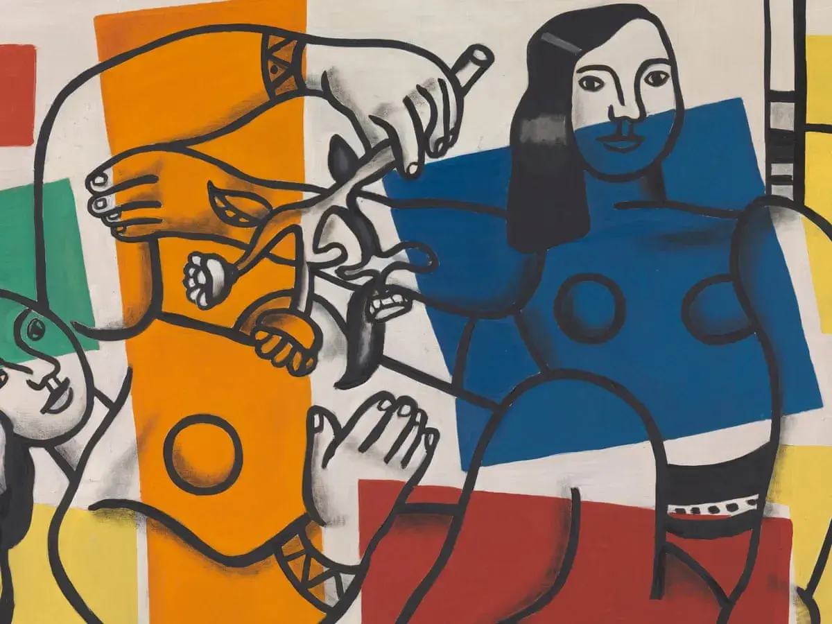 A vibrant scene from Fernand Léger paintings, featuring bold figures in primary colors, interacting with a flower.