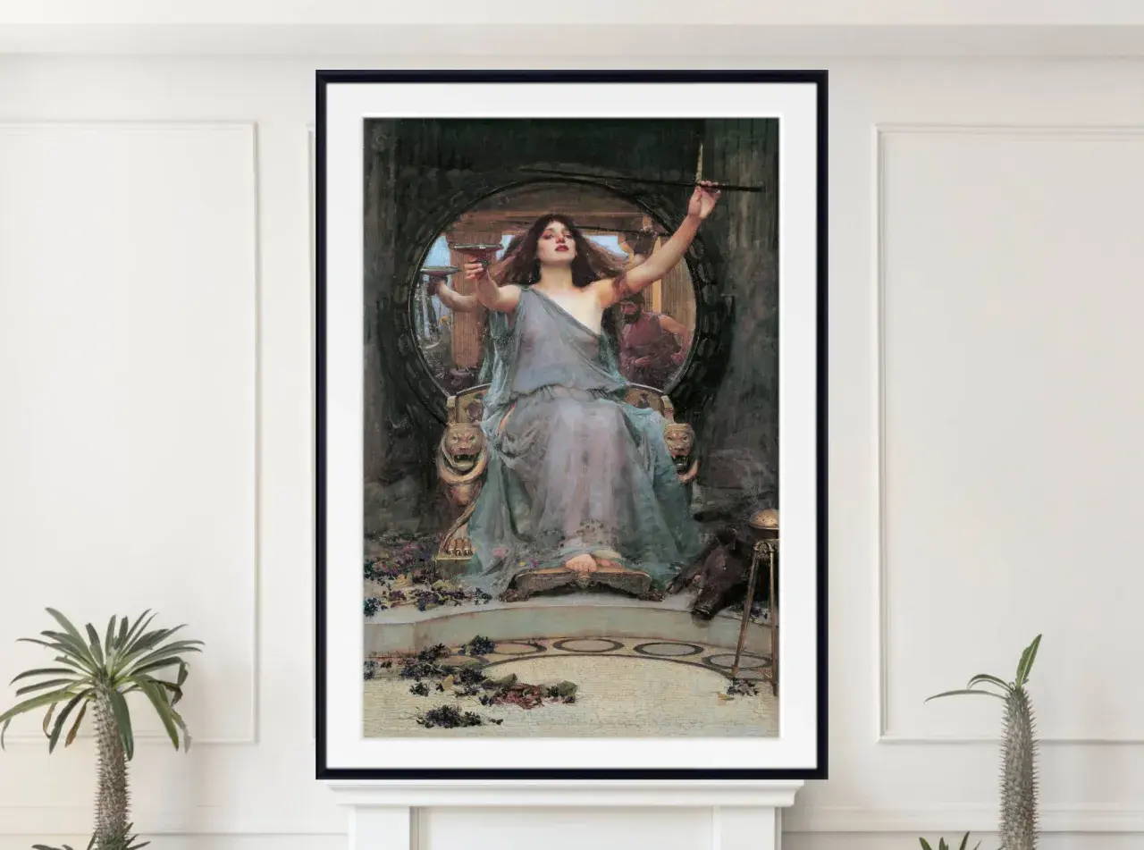 Circe, a sorceress, offers a cup to Ulysses, her gaze alluring as she holds a wand. A boar lies at her feet.