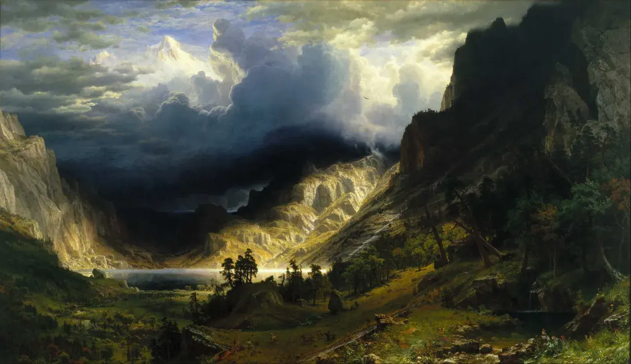 A dramatic mountain valley with a lake, showcasing the sublime style of famous landscape artists.