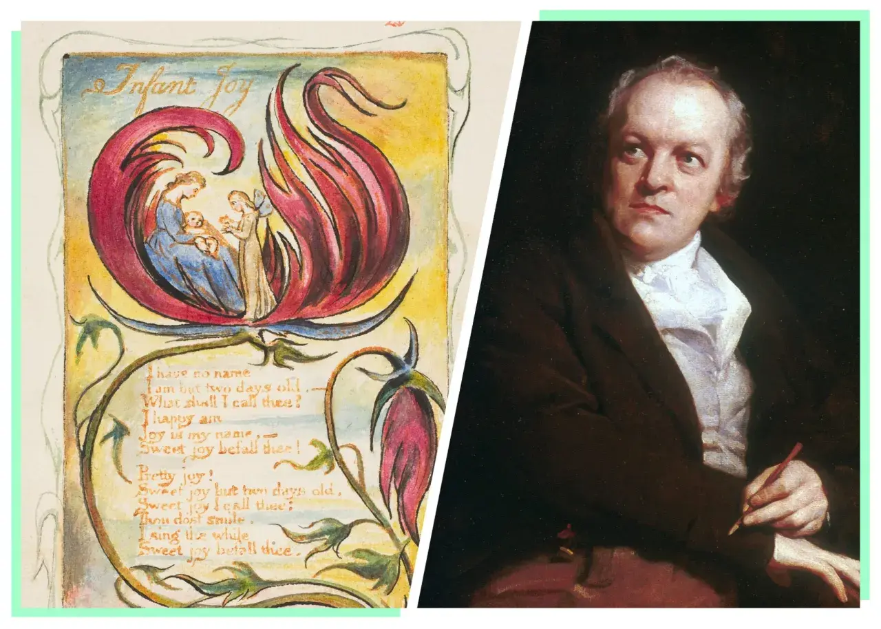 A split image: on the left, William Blake's "Infant Joy" illustration with a mother and child; on the right, a William Blake portrait of the artist himself, holding a quill.