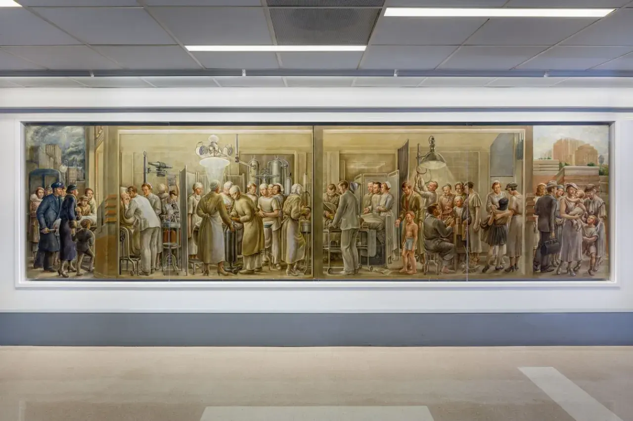 A mural depicting scenes of medical care, showcasing doctors and nurses tending to patients, a testament to famous medical paintings and the history of healing.