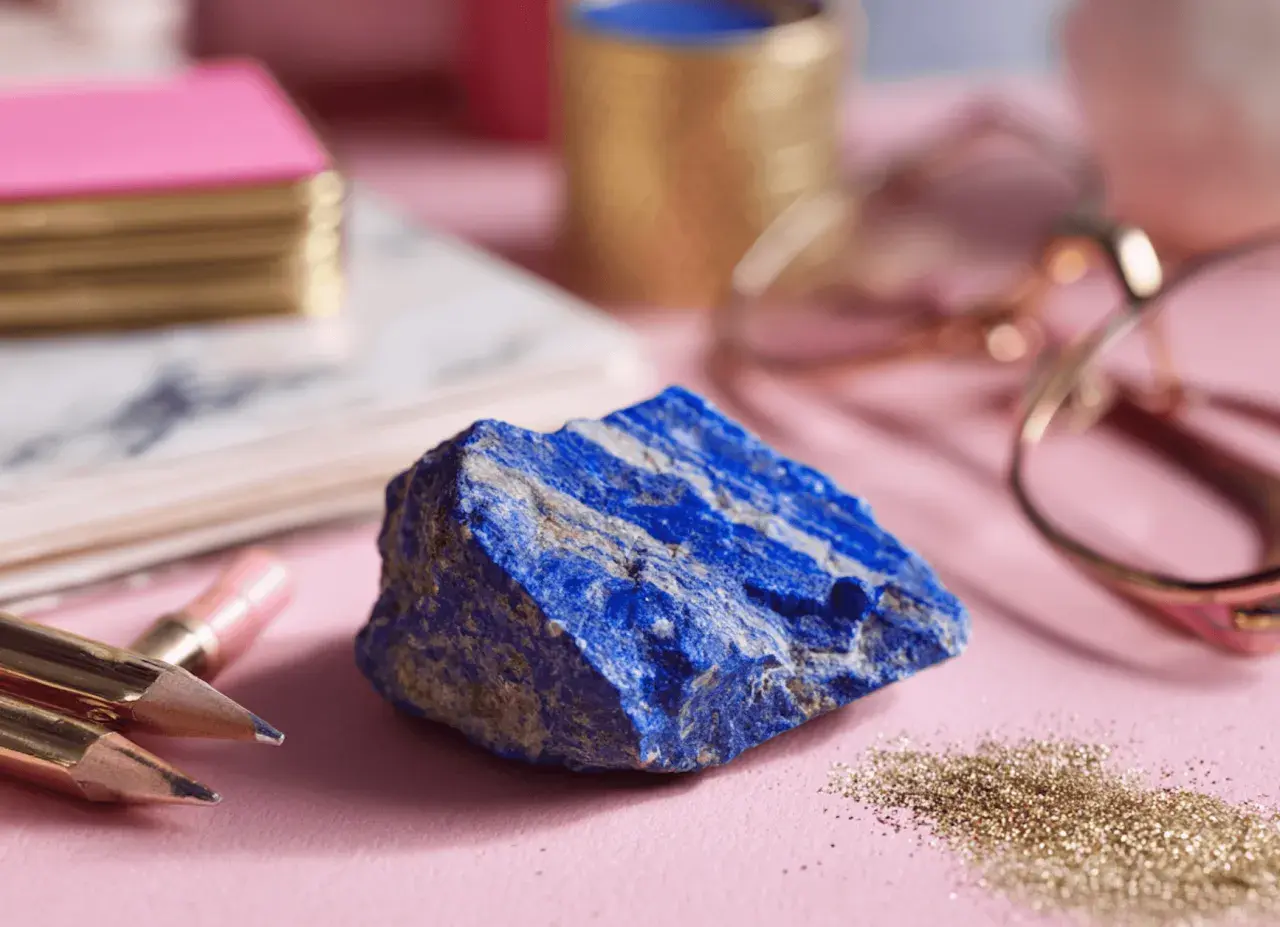 A raw, vibrant blue lapis lazuli stone sits on a pink surface, surrounded by gold pencils, a pink notebook, and rose gold glasses.