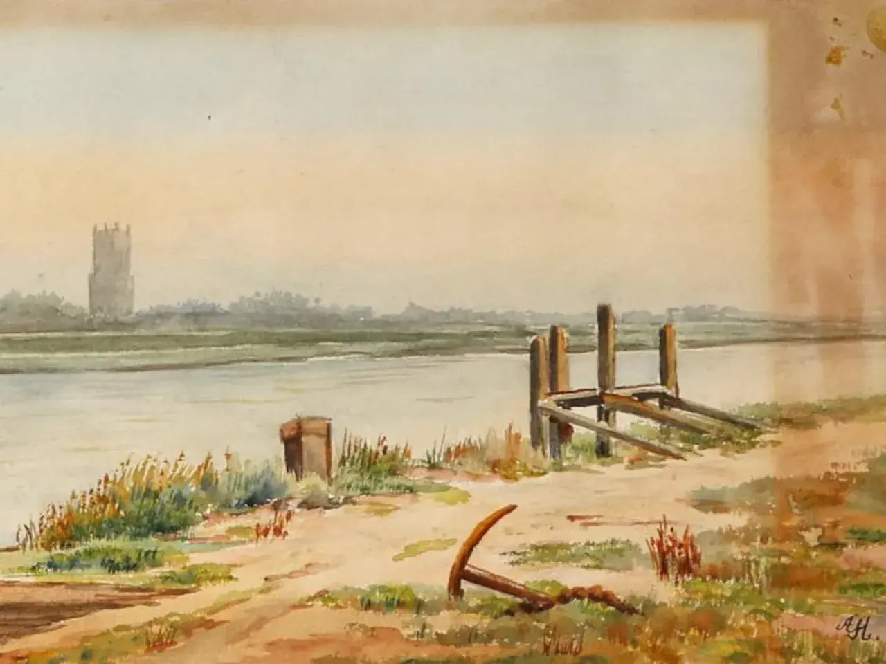 A watercolor painting, possibly Hitler's artwork, depicts a serene river scene with a distant tower and a rustic dock.