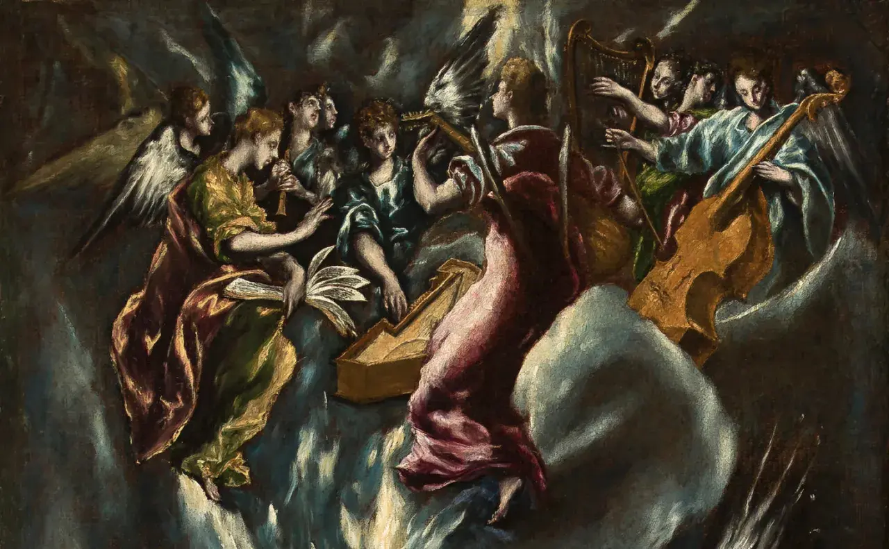 Angels play music in the heavens, a scene that captures the spiritual el greco meaning.