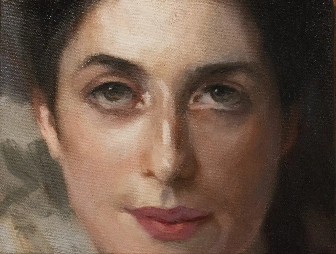 A close-up oil painting of Lady Agnew of Lochnaw's face, focusing on her eyes and lips.