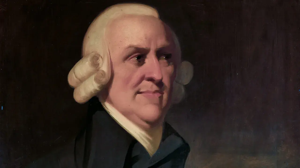 An Adam Smith portrait shows the economist with powdered wig and dark coat, looking thoughtfully to the side.
