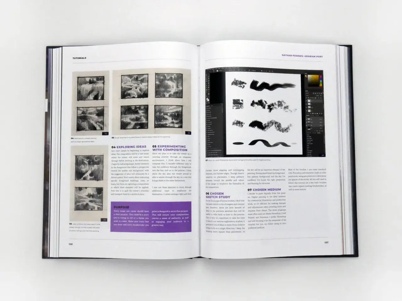 Book page showing digital painting tutorials, with sketches and Photoshop interface. The composition in art is explored through layout studies and brushwork.