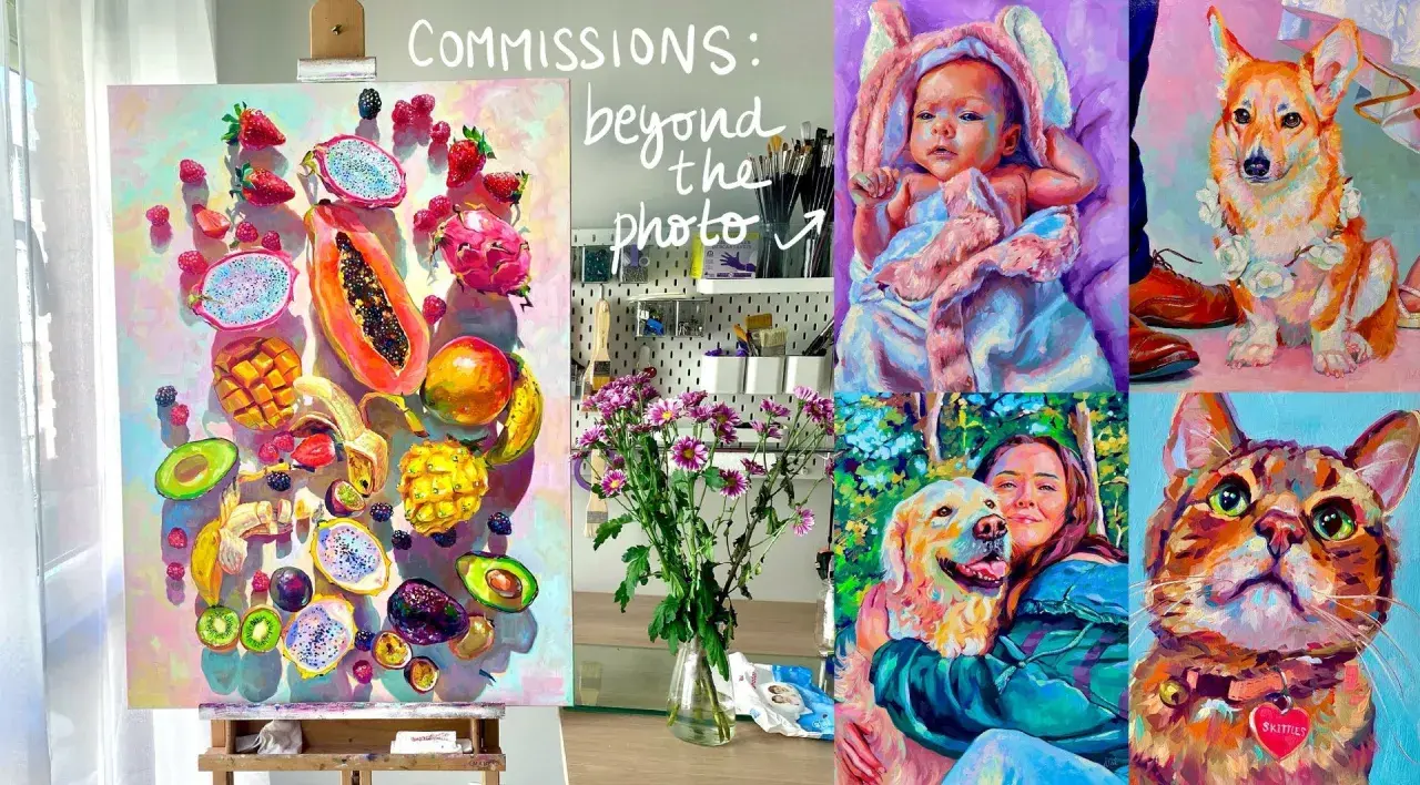 Vibrant paintings of a baby, dog, cat, woman with dog, and fruit display the work of unique portrait artists.