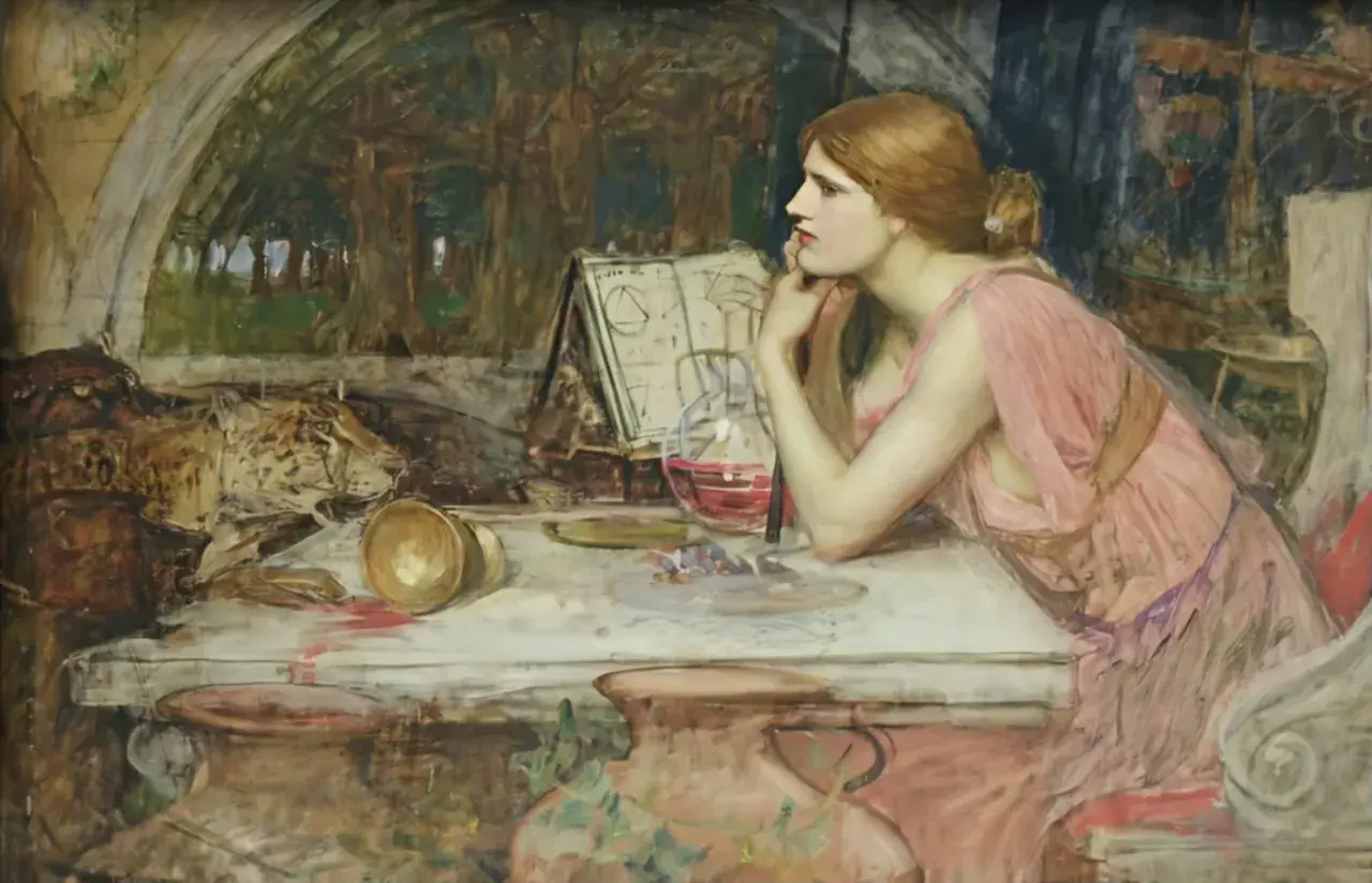 A pensive woman in a pink dress, likely Circe, gazes into the distance in this painting. She rests her chin on her hands, surrounded by alchemical tools and a mysterious red liquid.