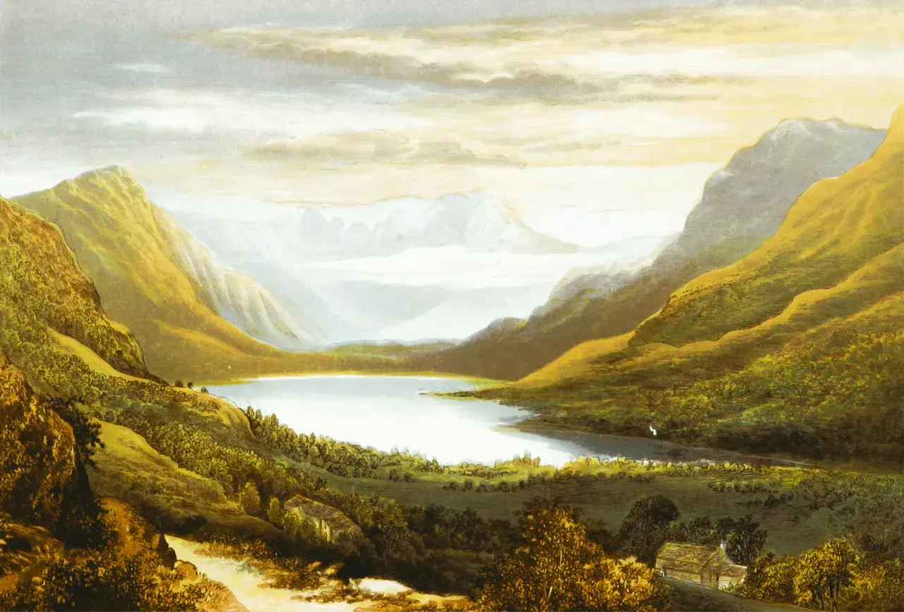 A serene lake nestled between golden, sun-drenched mountains. The artist masterfully uses light and shadow to create a peaceful tone in this landscape.